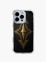 PhoneCasing iPhone 14 Pro Max Case featuring apex tribal art print, shock-absorbent transparent case with black and gold stippled pattern.