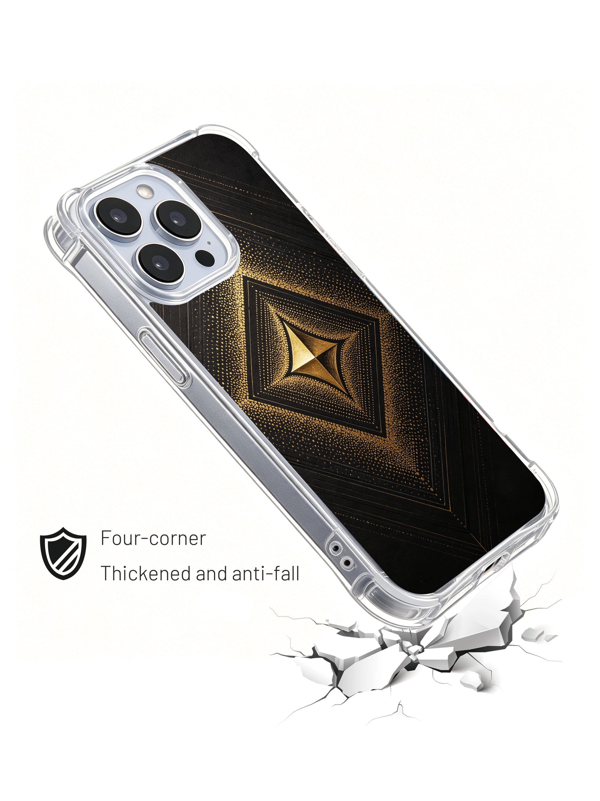 PhoneCasing iPhone 14 Pro Max Case with an arrow-shaped zenith art print, dark luxe gold pattern on shock-absorbent clear shell.
