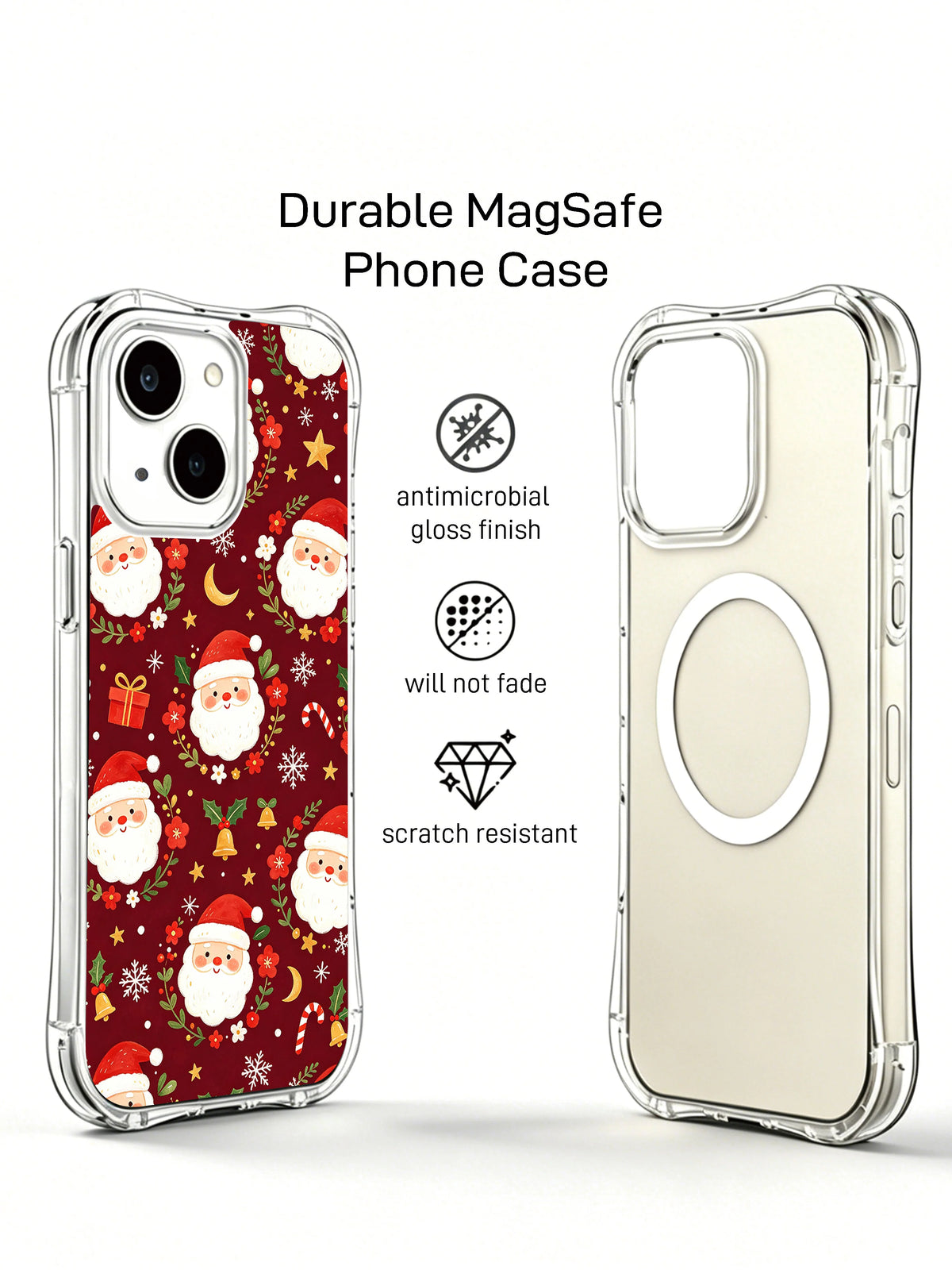 Floral Santa Christmas iPhone 14 Plus case angled product view