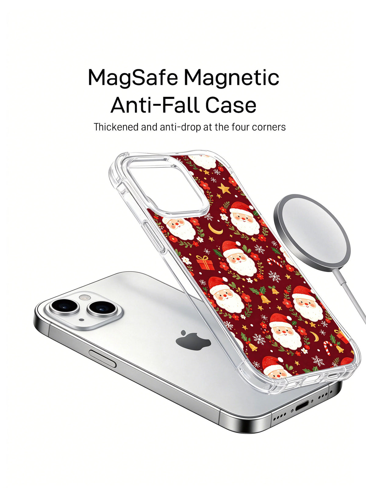 Burgundy folk-art Santa iPhone 14 Plus case close-up