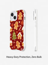 Burgundy gingerbread Christmas phone case angled view
