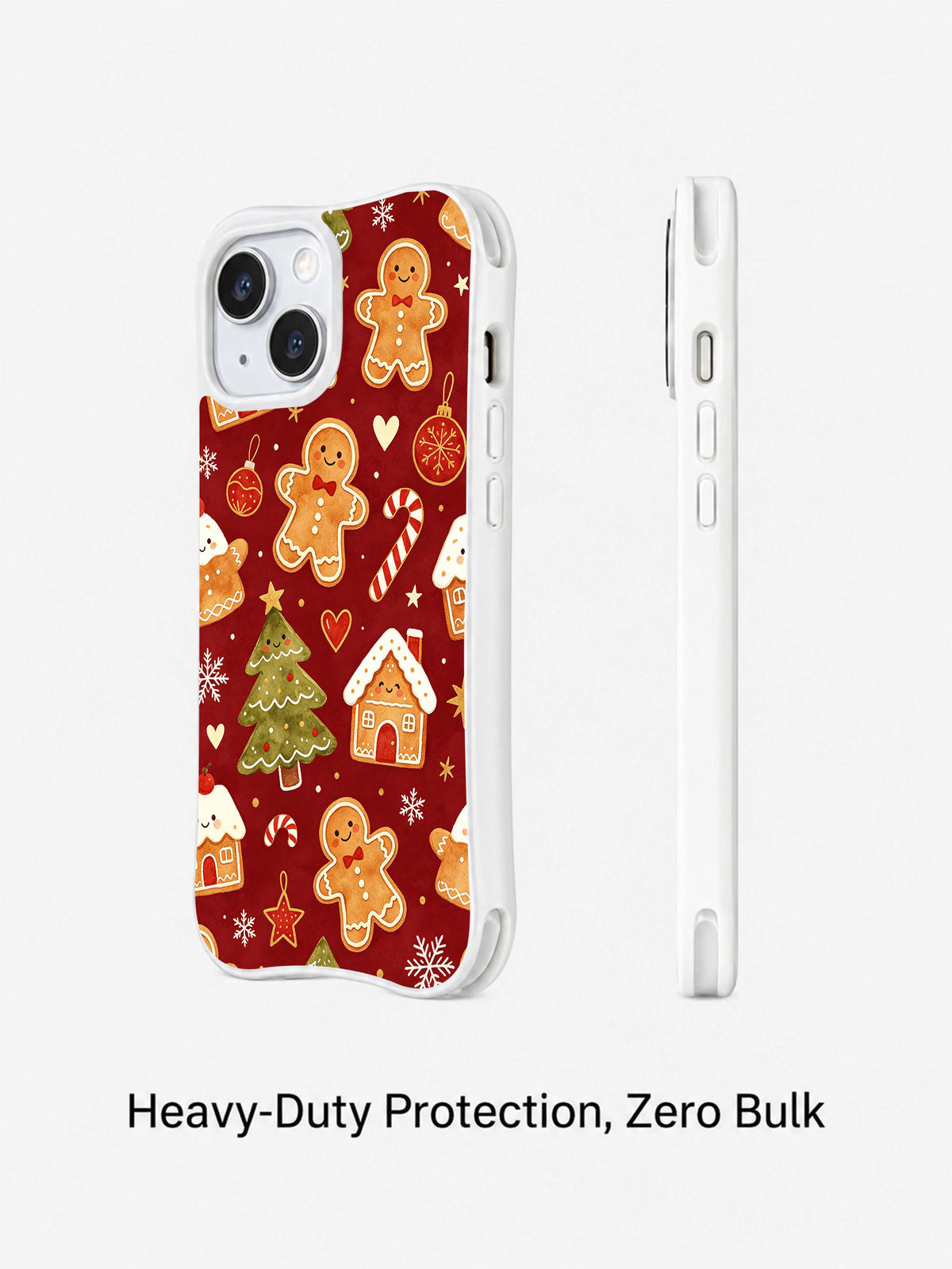 Burgundy gingerbread Christmas phone case angled view