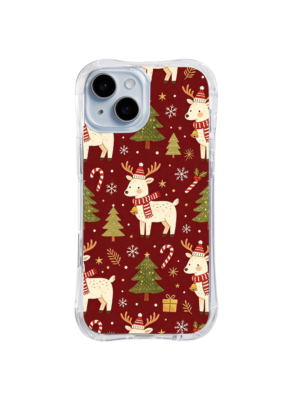 Bell Forest Reindeer: Ren geyikleri çam ağaçları, çanlar, hediyeler ve yağan kar arasında durur.