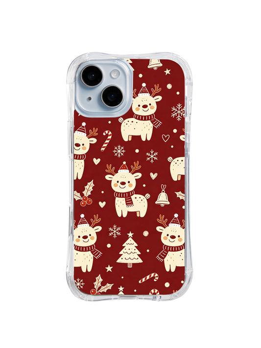 Cozy Scarf Reindeer: Cream reindeer in striped scarves repeat with bells and snowflakes on burgundy.