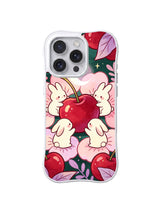 Cherry Circle Rabbits: Dört açık renkli tavşan pembe çiçekler arasındaki büyük kırmızı kirazın çevresinde halka oluşturur.