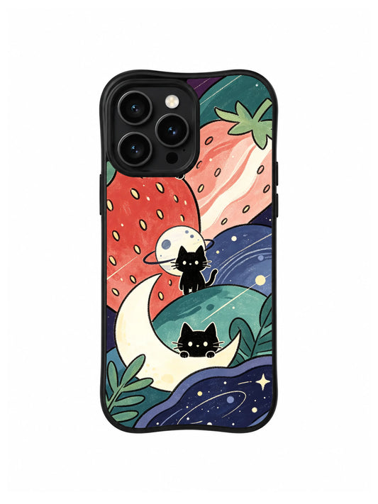 Strawberry Moon Cat Travelers: Black cats sit on crescent moons between giant strawberries and blue planets.