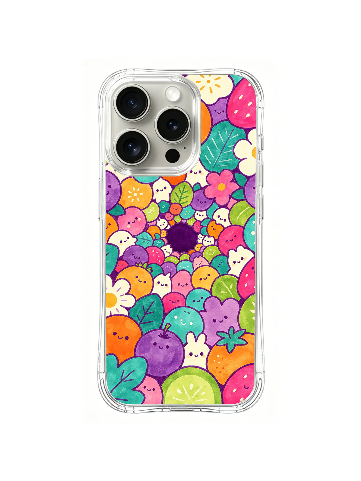 Rainbow Candy Forest Crowd: Çok sayıda minik pastel canlı meyveler, çiçekler ve şeker benzeri şekillerle dolu parlak alanı kaplar.