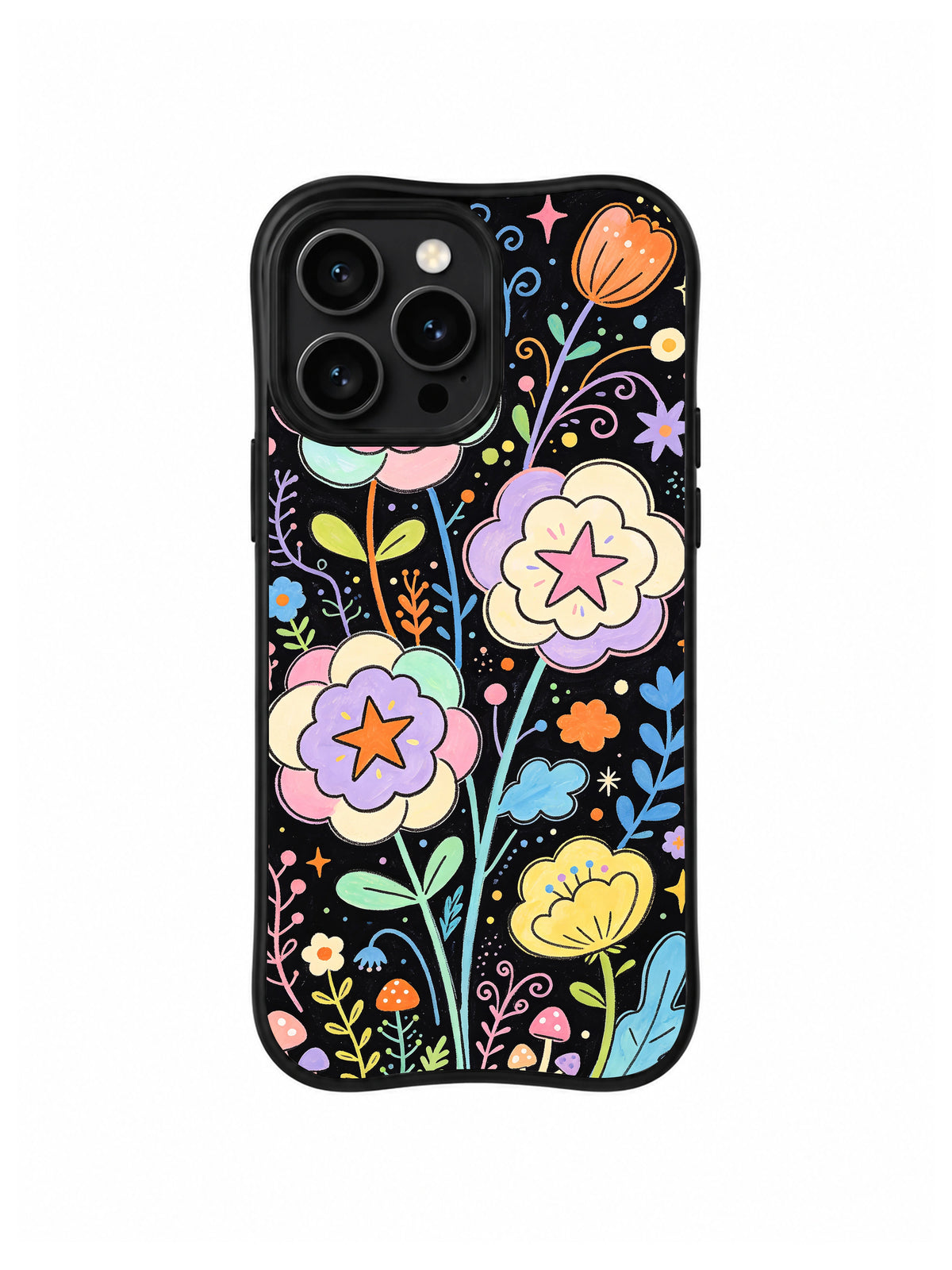 Candy Star Blossom Field: Yıldız merkezli pastel çiçekler siyah zeminde kıvrımlar ve küçük şekiller arasında büyür.