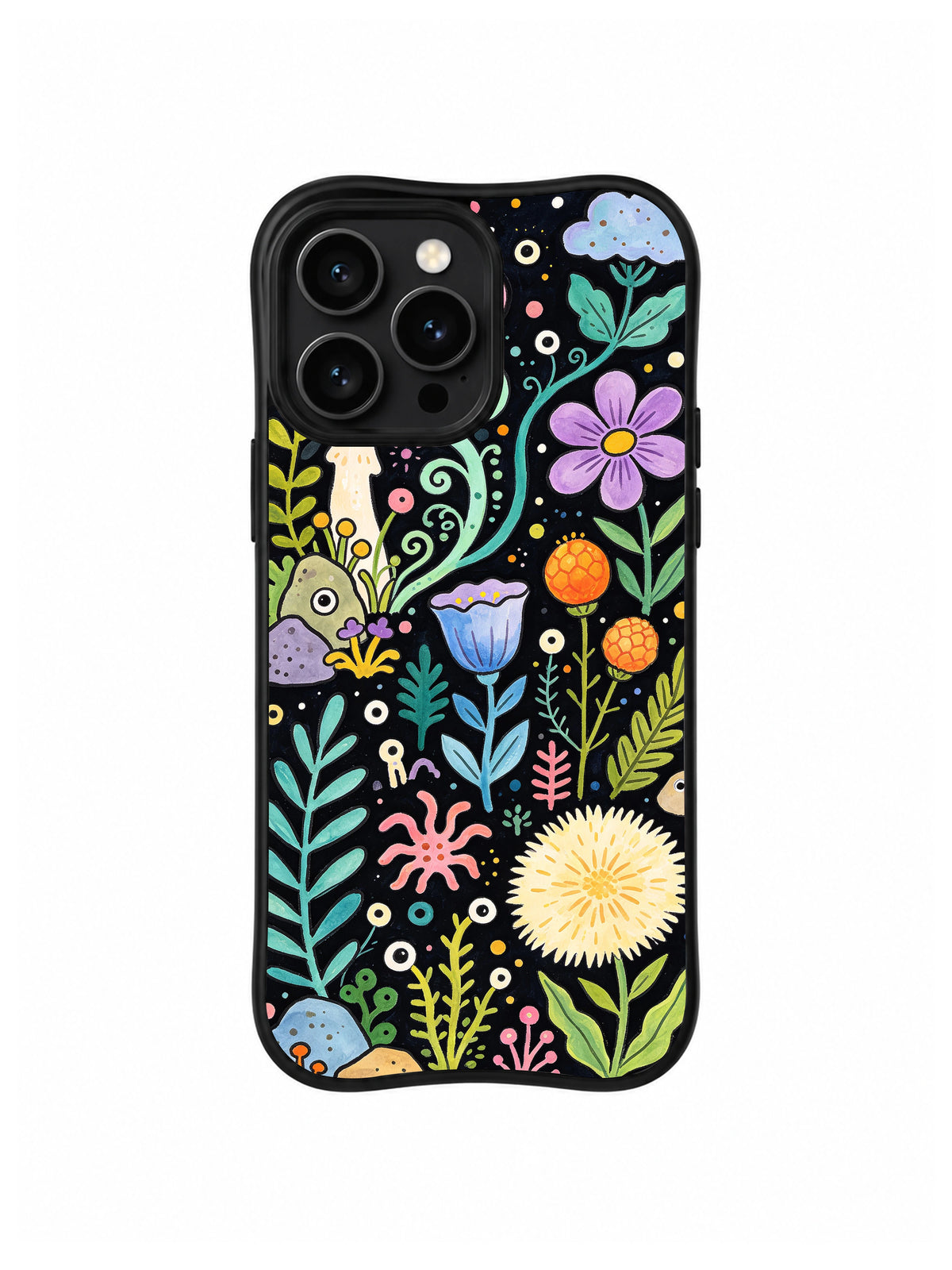 Midnight Creature Wildflowers: Minik fantastik canlılar siyah zemindeki renkli kır çiçekleri ve yapraklar arasında saklanır.