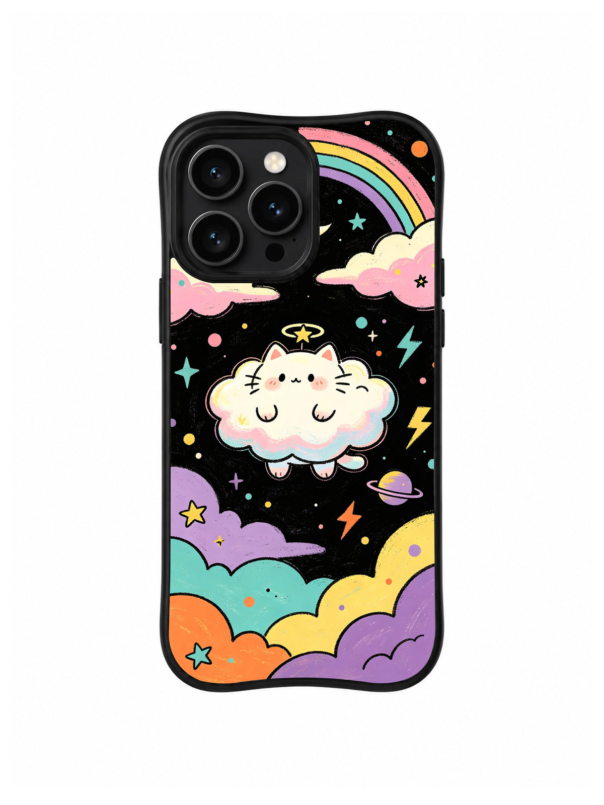 Rainbow Cloud Cat Guardian: Açık renkli kedi benzeri bir canlı gökkuşağı ve renkli gökyüzü katmanları arasındaki bulutta oturur.