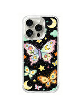 Moonflower Butterfly Constellation: A large pink butterfly with floral wing details floats among moons and stars.