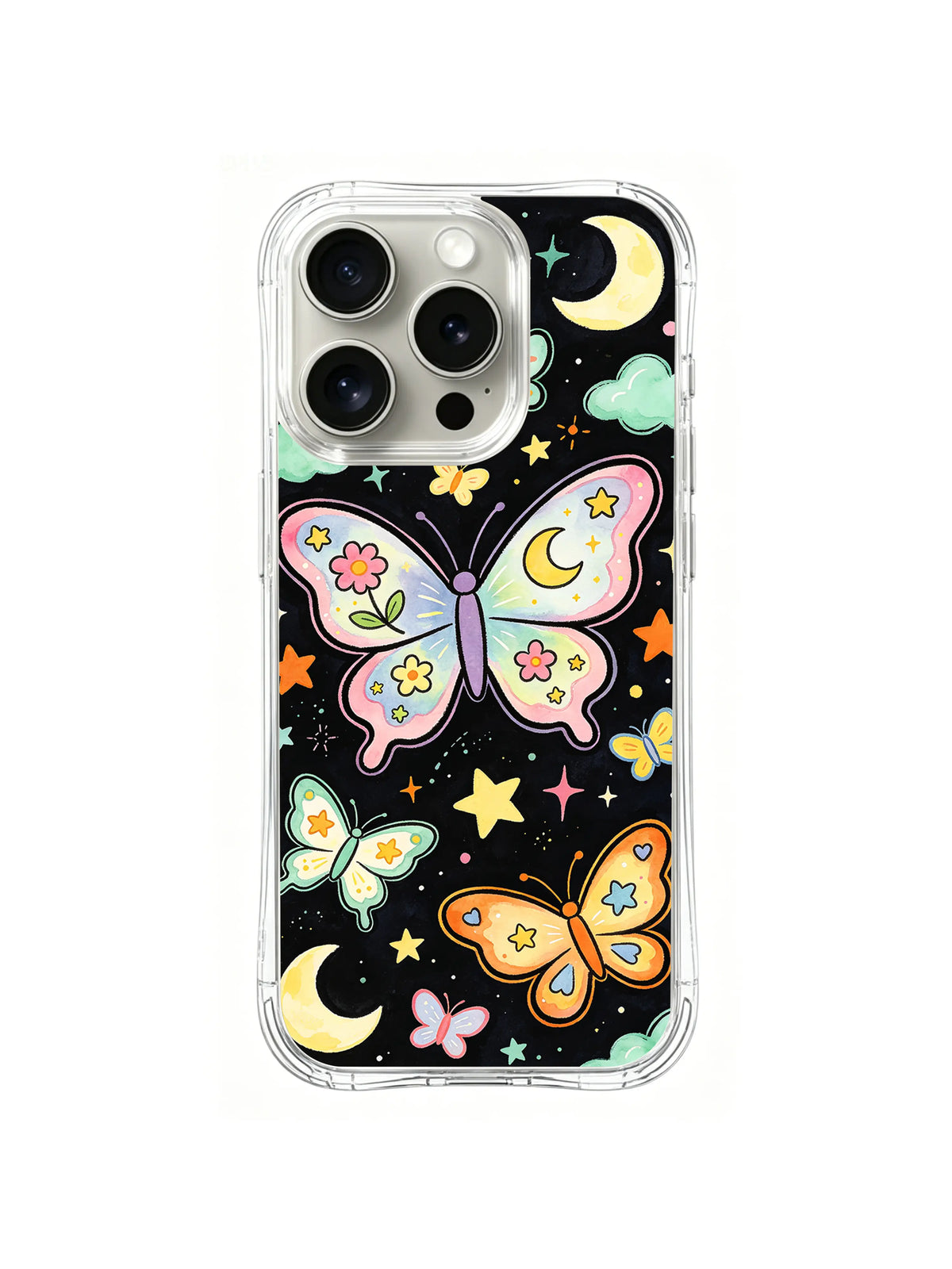 Moonflower Butterfly Constellation: A large pink butterfly with floral wing details floats among moons and stars.
