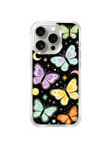 Pastel Orbit Butterfly Flight: Large pastel butterflies fly among small planets, stars and orbital marks.