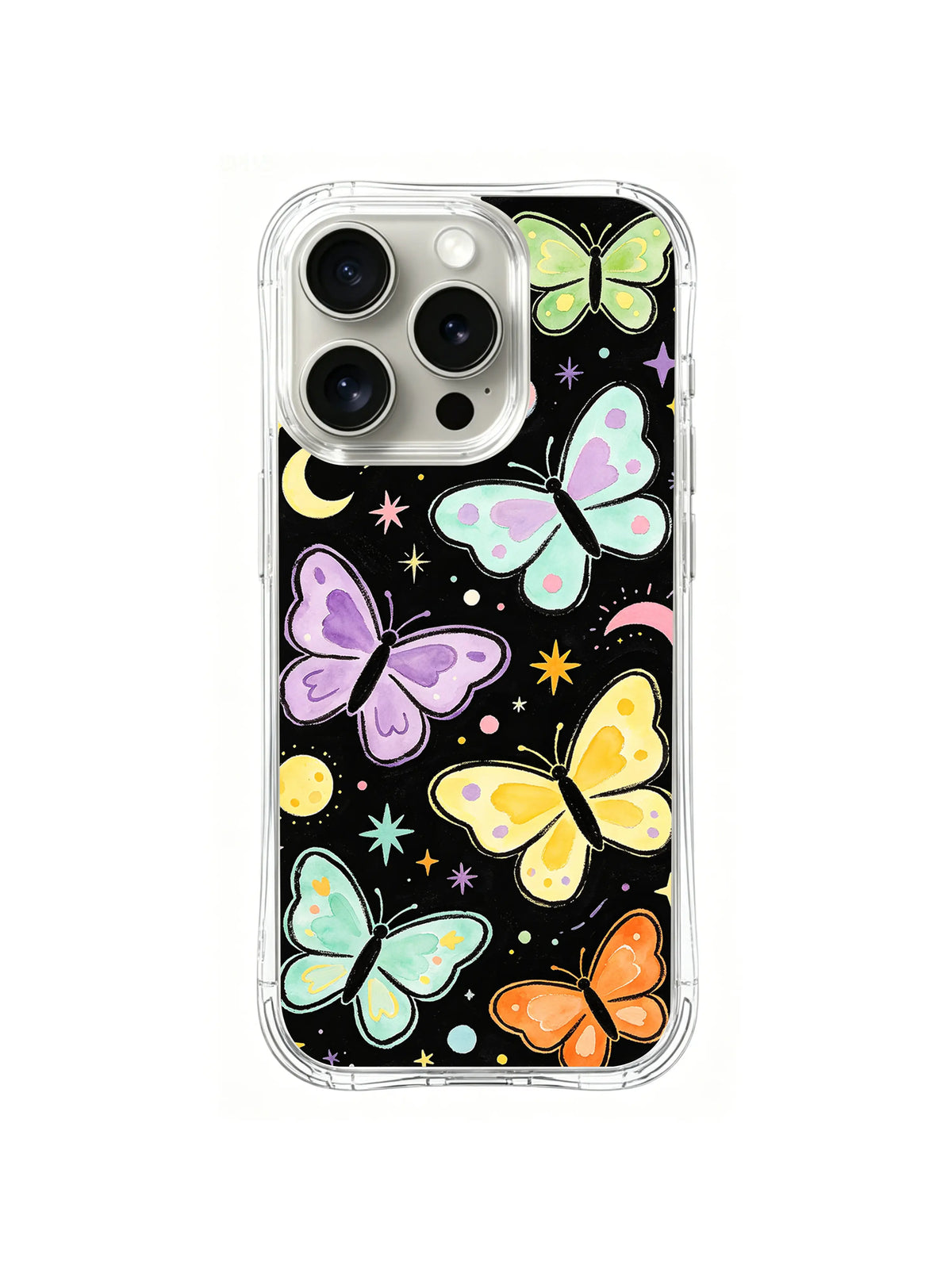 Pastel Orbit Butterfly Flight: Large pastel butterflies fly among small planets, stars and orbital marks.
