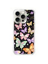 Cosmic Butterfly Galaxy Parade: Many colorful butterflies cross a black field of planets, spirals and stars.