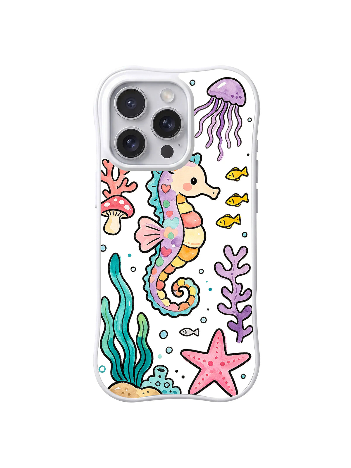 Rainbow Seahorse Coral Garden: A pastel seahorse swims between jellyfish, coral, sea grass and starfish.