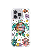 Mosaic Sea Turtle Journey: A patterned sea turtle swims between fish, shells, coral and sea plants.