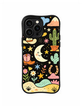 Smiling Cowboy Moon Desert: A smiling crescent moon floats above a cactus, cowboy hats and desert hills.