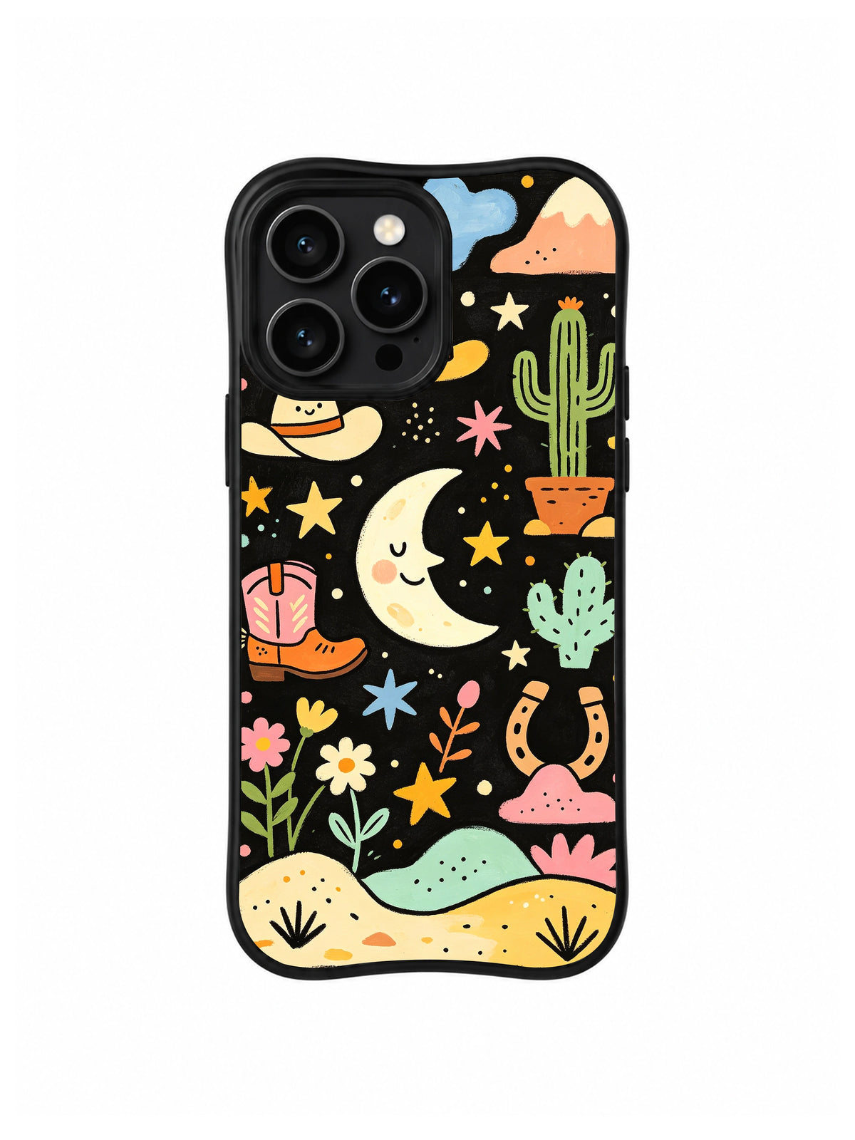 Smiling Cowboy Moon Desert: A smiling crescent moon floats above a cactus, cowboy hats and desert hills.