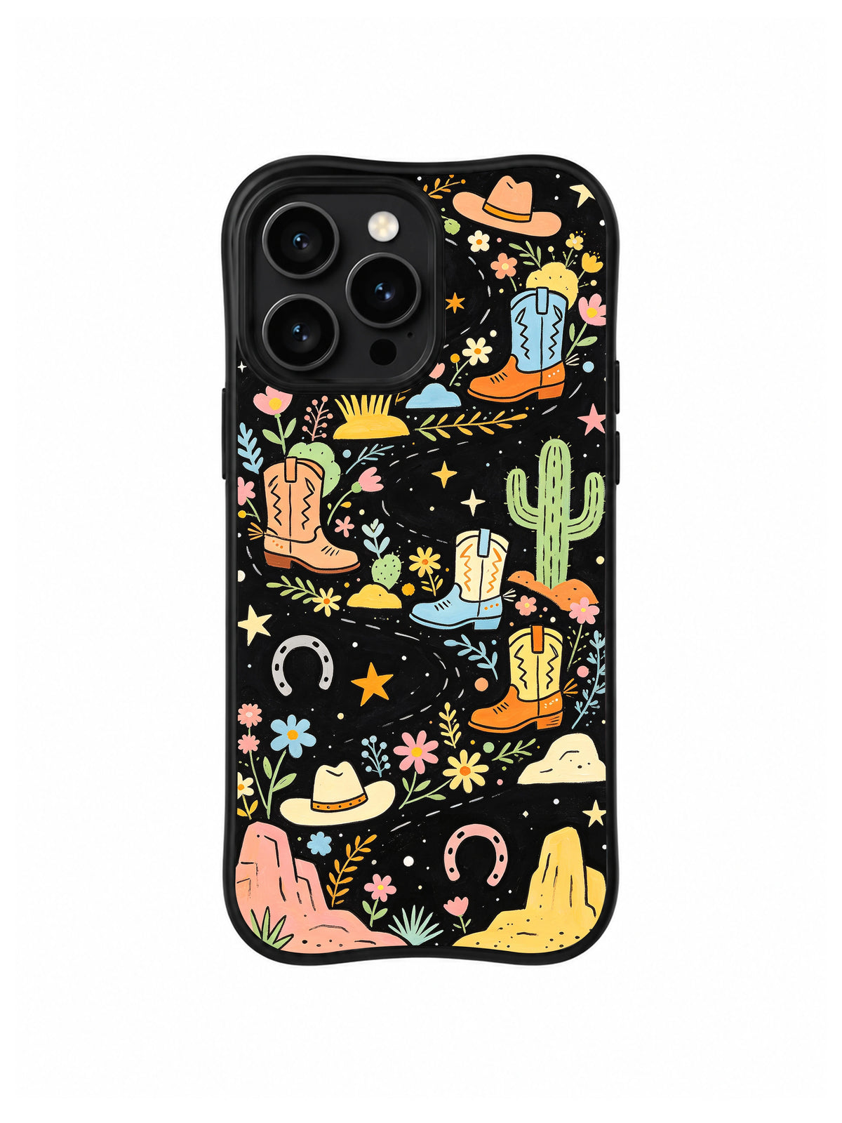 Western Boots Wildflower Trail: Colorful cowboy boots, hats and horseshoes repeat among flowers and desert plants.