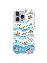 Happy Tidal Shell Waves: Pastel starfish, shells, fish and coral scatter between rolling blue waves.