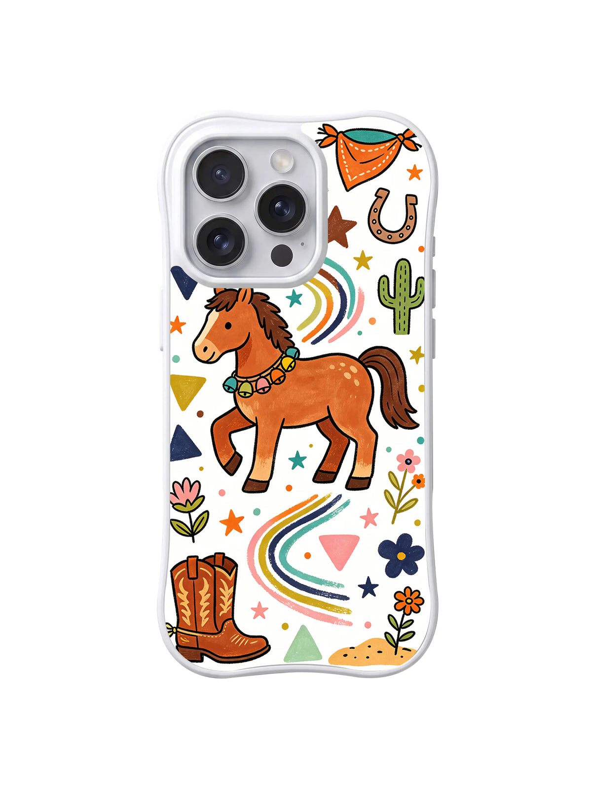 Rainbow Rodeo Pony: Kahverengi bir midilli çizmeler, kaktüs ve batı simgeleri arasındaki gökkuşağı yolunun yanında koşar.