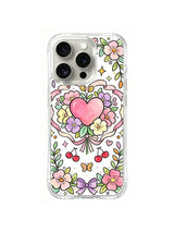 Heart Bouquet Garden: A pink heart bouquet is framed by flowers, cherries, leaves and gold sparkles.