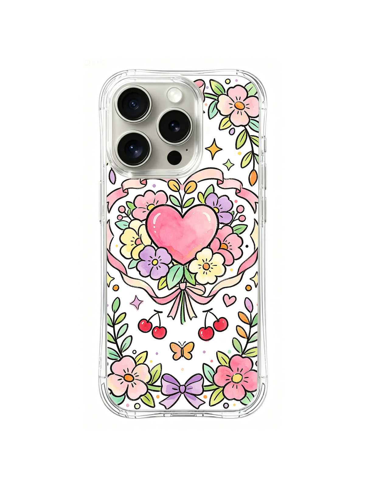 Heart Bouquet Garden: A pink heart bouquet is framed by flowers, cherries, leaves and gold sparkles.