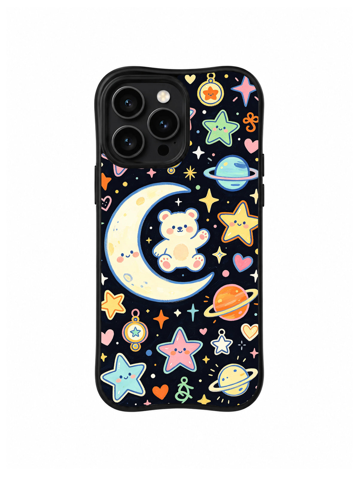 Moon Hug Bear: İki beyaz ayı renkli yıldızlar ve gezegenler arasında hilalin üzerinde dinlenir.