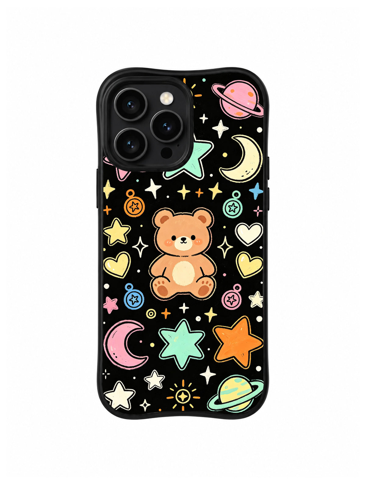 Cosmic Lucky Bear: Açık kahverengi ayı aylar, yıldızlar, kalpler, çiçekler ve küçük gezegenler arasında durur.