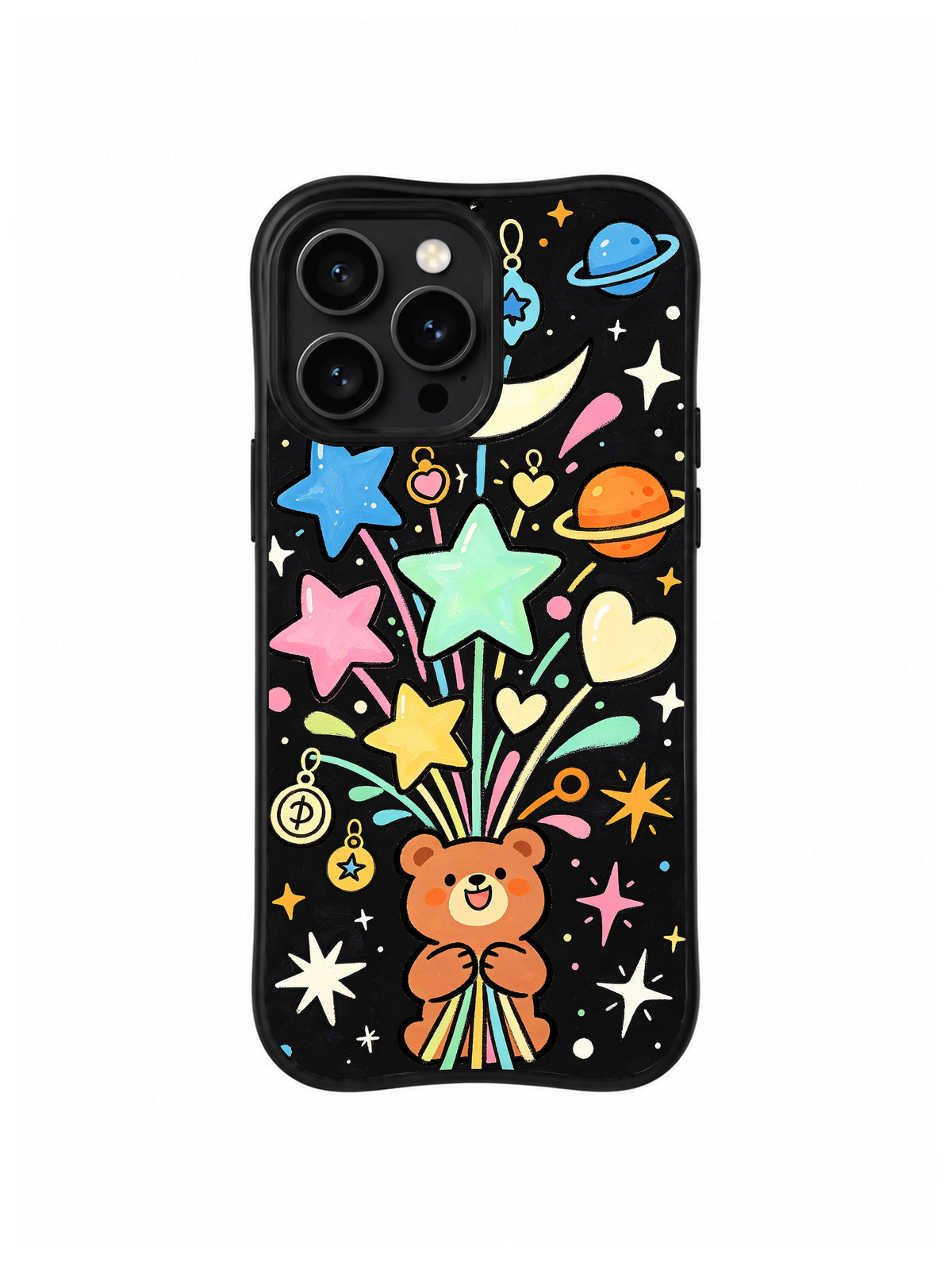 Star Bouquet Bear: Turuncu ayı çiçekler ve gezegenler arasında büyük bir kayan yıldızın altında durur.