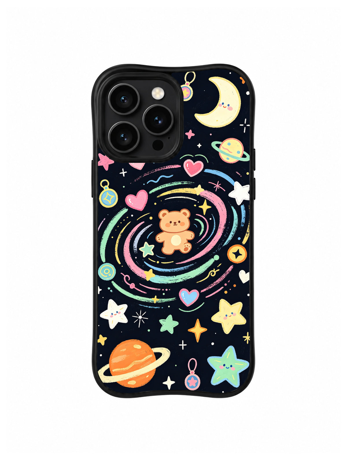 Rainbow Galaxy Bear: Açık kahverengi ayı yıldızlar ve gezegenlerle çevrili gökkuşağı yörüngesinde oturur.