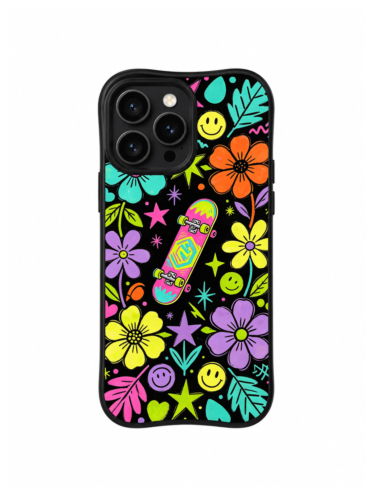 Pink Deck Flower Power: A pink patterned skateboard is framed by flowers, leaves, stars and smiley faces.