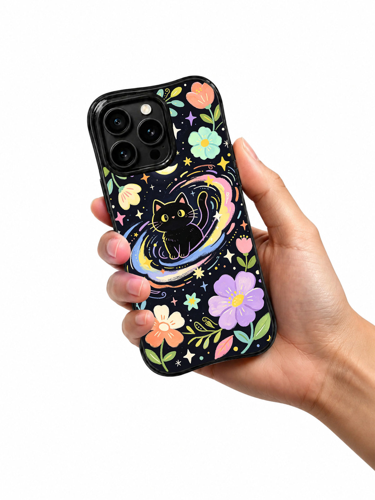 Product or handheld view of the Midnight Cat Flower Spell case