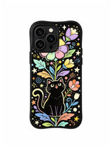 Magic Garden Cat Spirit: A seated black cat rises among tall flowers, leaves, moons and small stars.