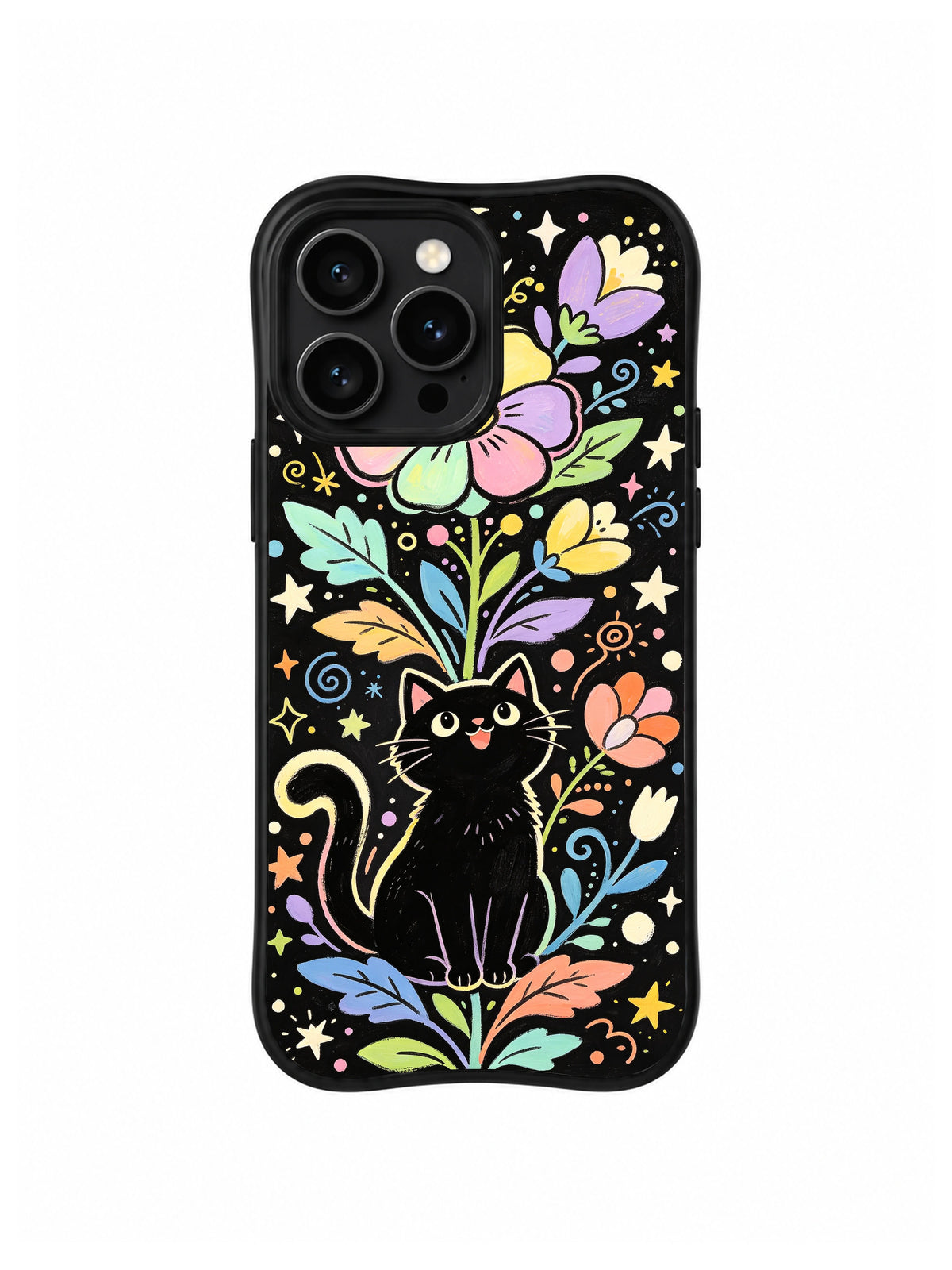 Magic Garden Cat Spirit: A seated black cat rises among tall flowers, leaves, moons and small stars.