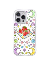 Moonlit Strawberry Blanket: A strawberry picnic blanket and basket sit between two crescent moons and flowers.