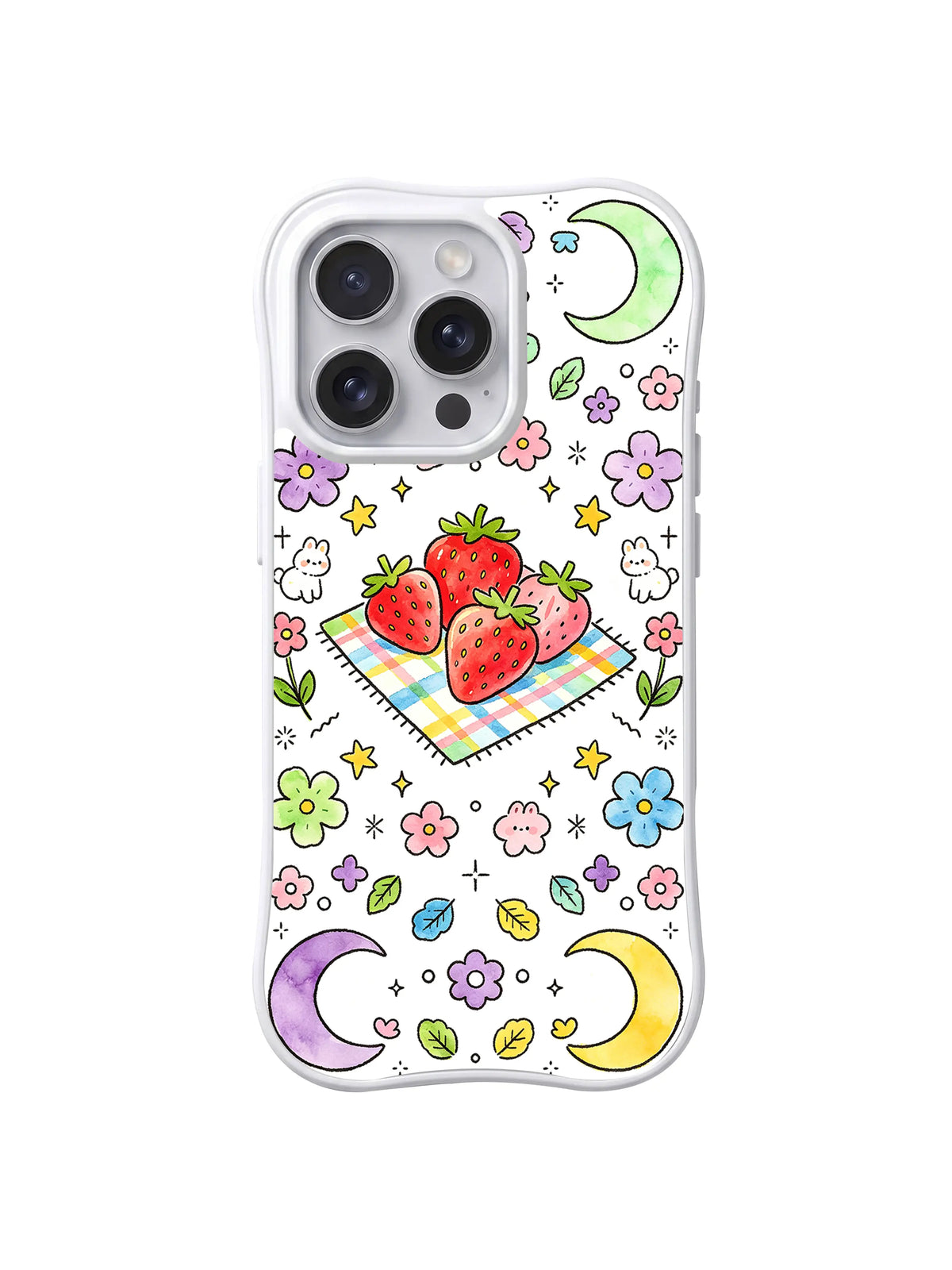 Moonlit Strawberry Blanket: A strawberry picnic blanket and basket sit between two crescent moons and flowers.