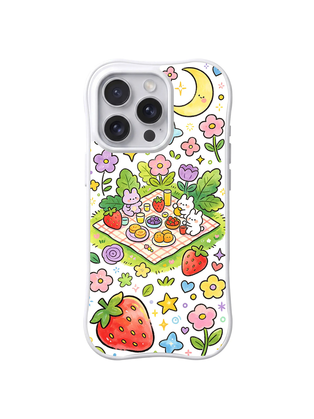Bunny Garden Picnic: Small white rabbits gather around a picnic basket among strawberries and flowers.