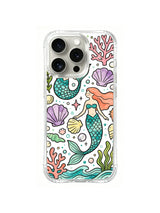 Coral Shell Mermaid: An orange-haired mermaid with a teal tail rises among coral, shells and sea plants.