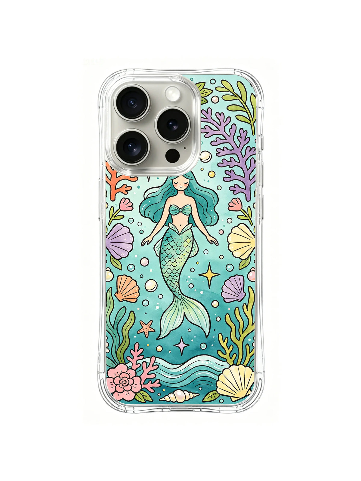 Teal Reef Guardian: A teal-haired mermaid is centered in a pale reef of coral, shells and small fish.