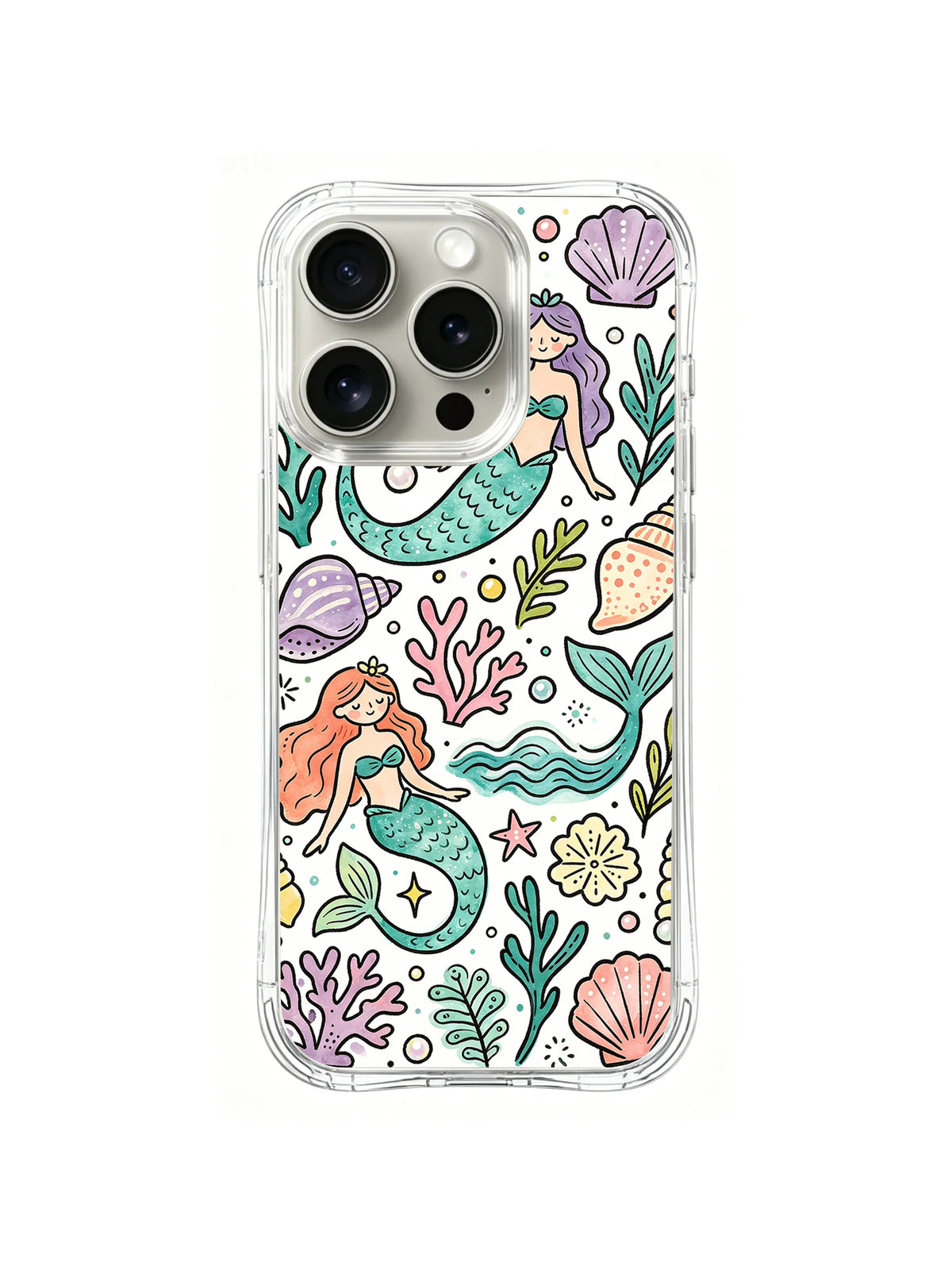 Twin Mermaid Tide: Two mermaids swim between coral branches, shells, bubbles and sea plants.