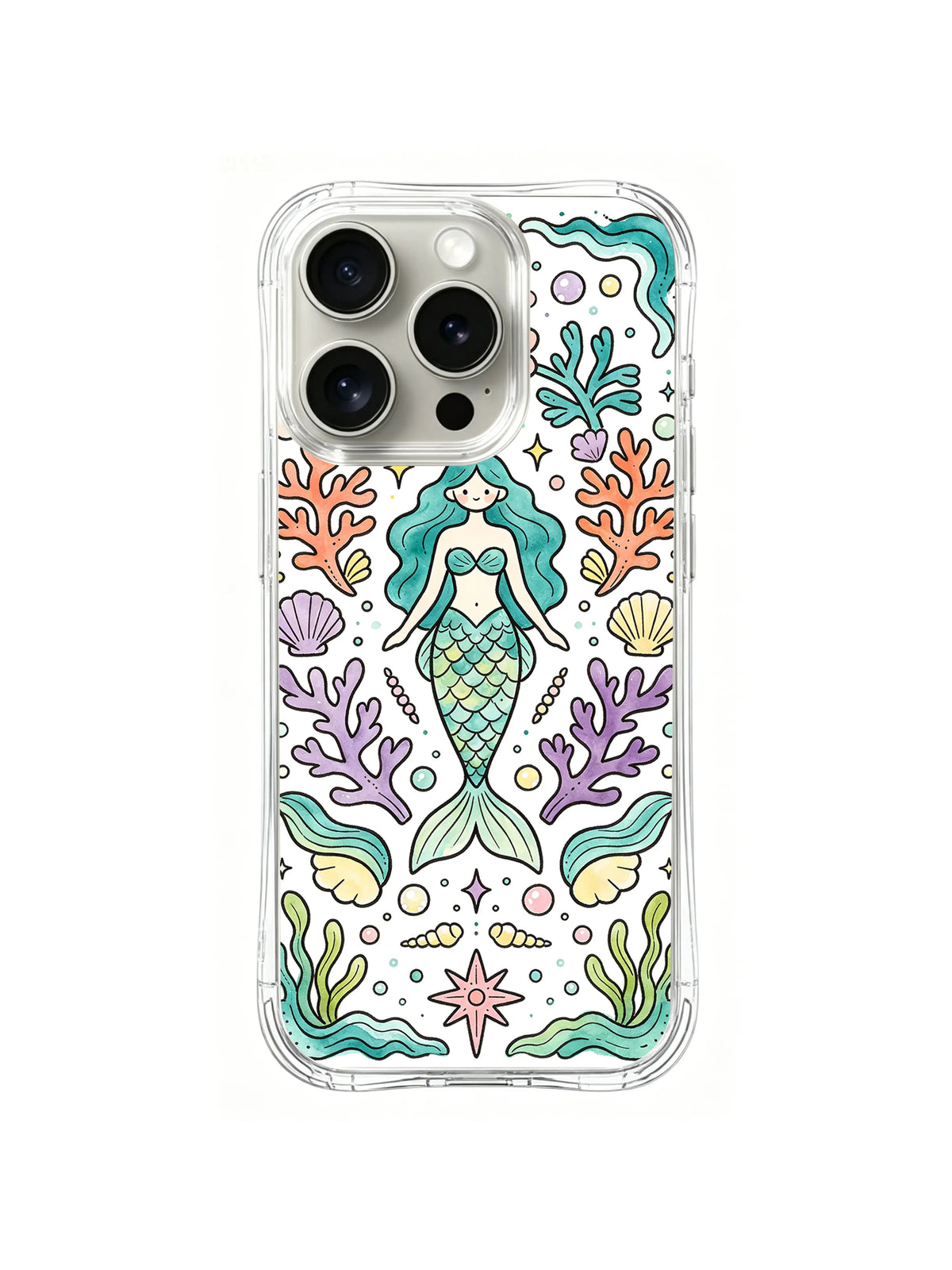 Symmetric Mermaid Sanctuary: A teal mermaid sits in a symmetrical garden of coral, shells, fish and starfish.