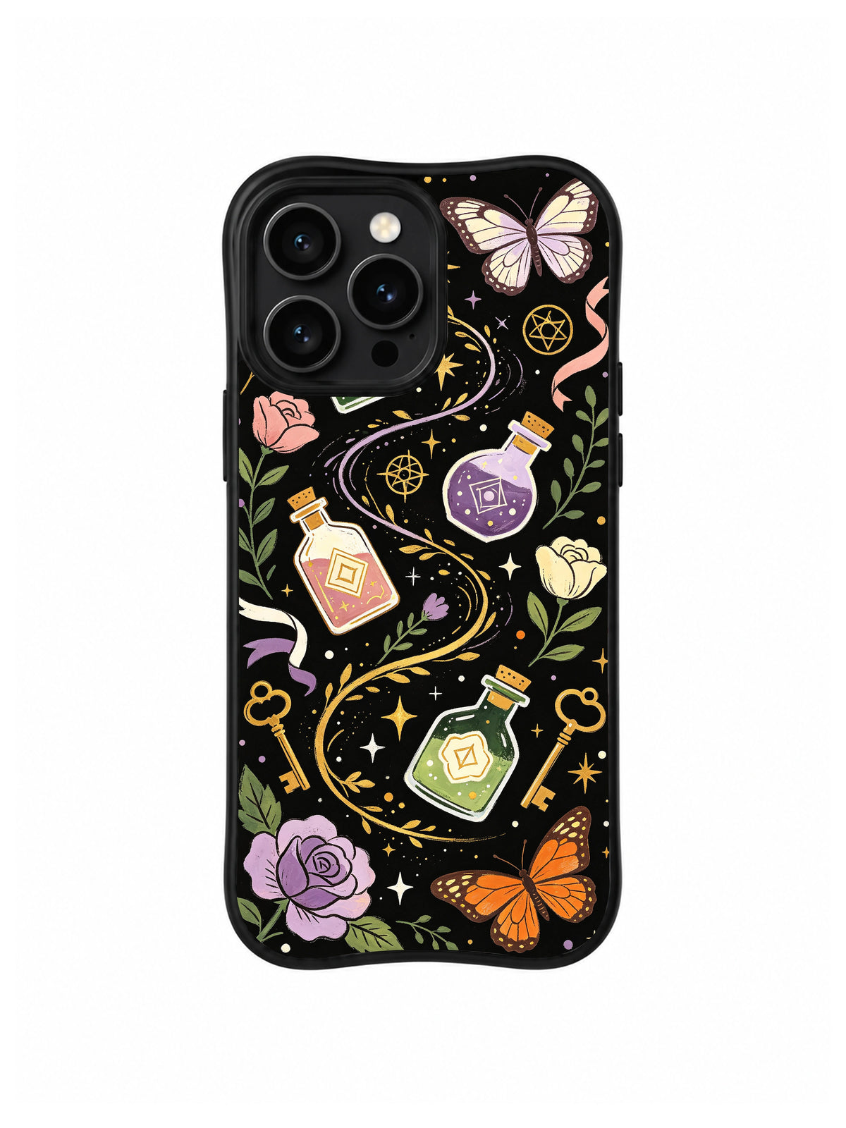 Celestial Potion Trail: A purple potion bottle follows a crescent trail among butterflies, flowers and leaves.