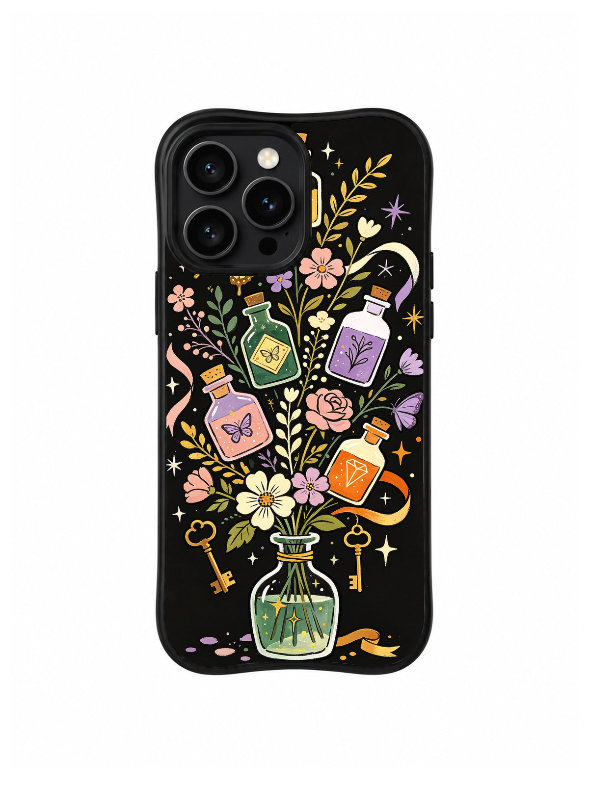 Butterfly Bouquet Alchemy: Potion bottles and butterflies rise from a flower bouquet with keys and sparkling stars.