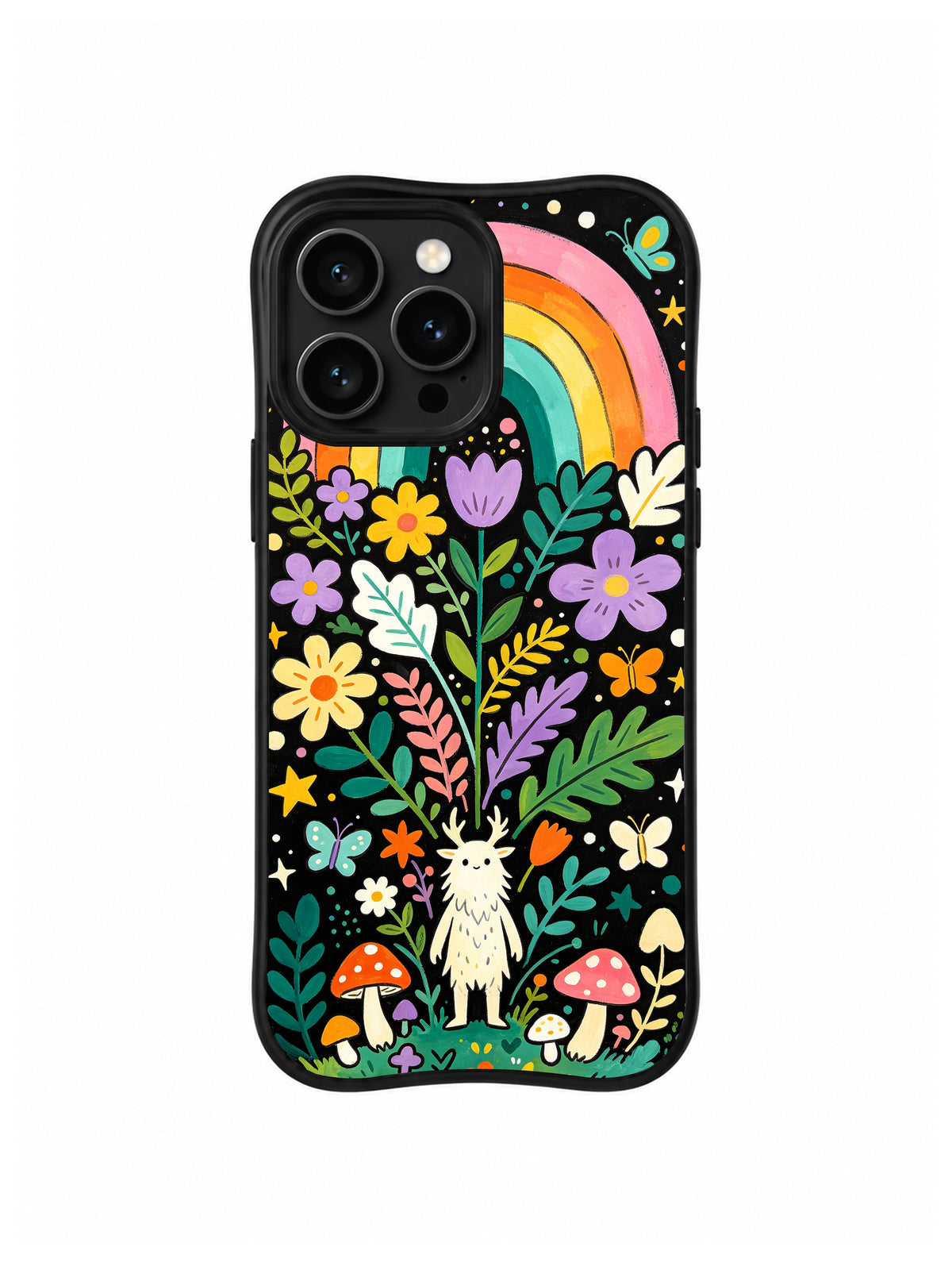 Rainbow Bloom Guardian: Beyaz, geyik benzeri koruyucu yoğun çiçekler ve mantarlar arasında gökkuşağının altında durur.