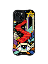 Star Portal Red Stairway: Red stairs rise toward a star portal above a large eye, skulls and colorful leaves.
