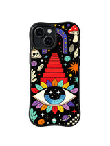 Cosmic Flower Eye Stairway: A red staircase climbs through a cosmic garden above an eye framed like a flower.