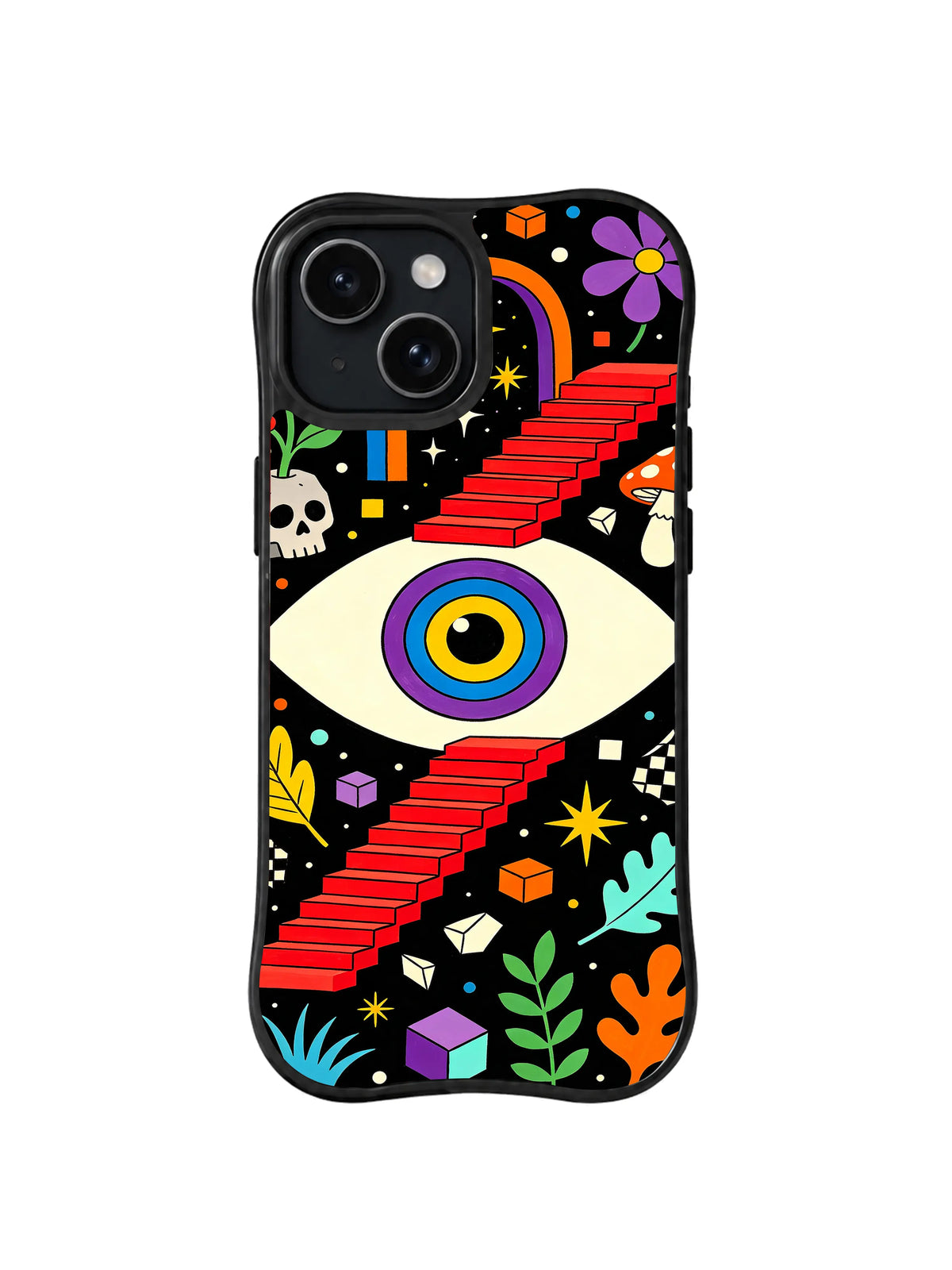 Rainbow Eye Red Stairway: A large rainbow iris is crossed by red staircases among skulls, stars and plants.