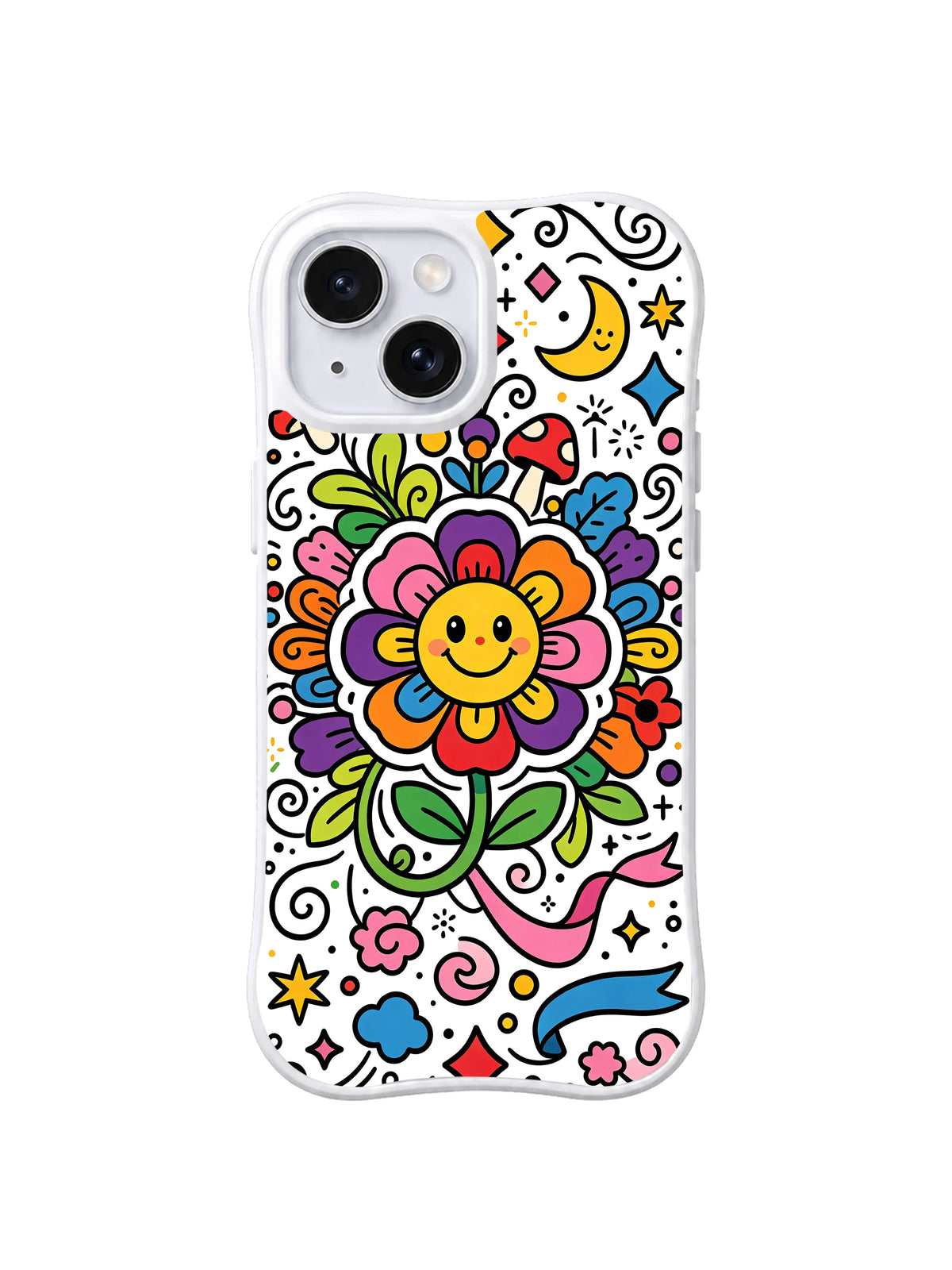 Rainbow Petal Laughing Flower: A yellow smiling flower has layered rainbow petals among moons, stars and mushrooms.